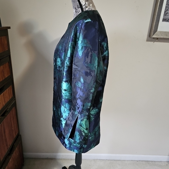 Dennis by Dennis Basso Shiny Green & Navy Floral Blazer 3/4 Sleeve 16 - Picture 2 of 12